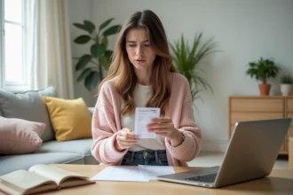 Jeune femme frustrée vérifiant son smartphone et étiquettes