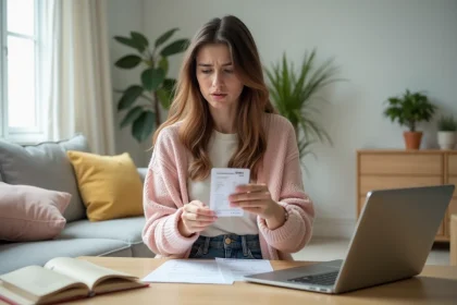 Jeune femme frustrée vérifiant son smartphone et étiquettes