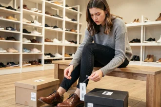 Femme essayant des chaussures dans un magasin et comparant des pointures UK sur une étiquette de taille