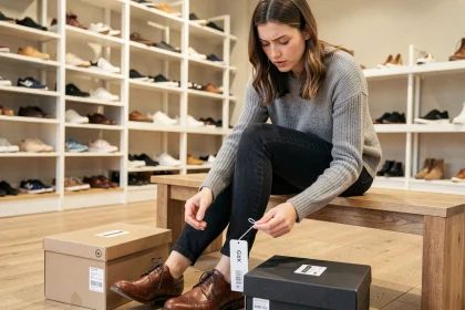 Femme essayant des chaussures dans un magasin et comparant des pointures UK sur une étiquette de taille