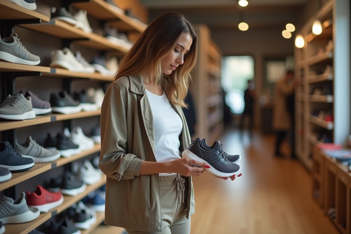 Femme regardant des chaussures de sport dans une boutique moderne