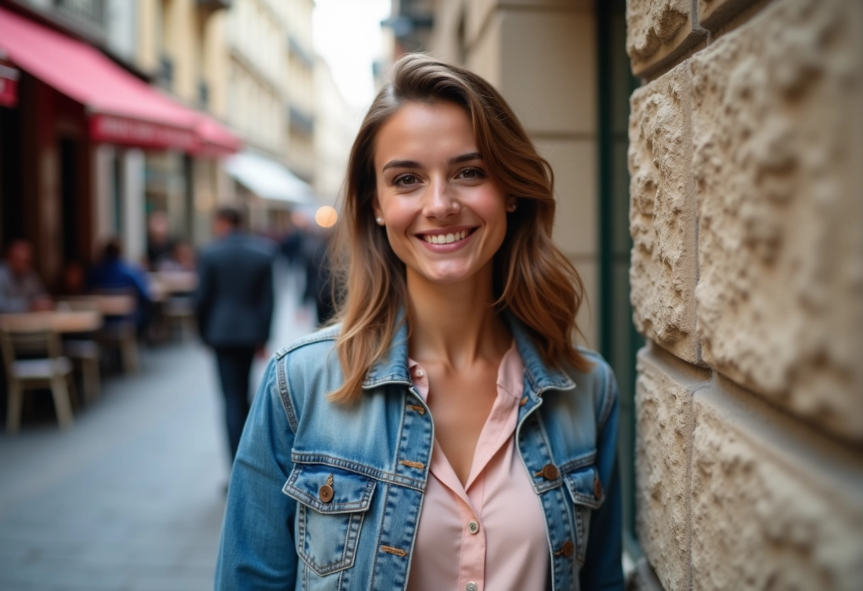 Jeune femme française prenant un selfie dans la rue