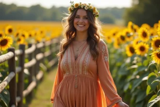 Femme grande taille en robe maxi bohème à broderies florales dans un champ de tournesols, style hippie chic estival