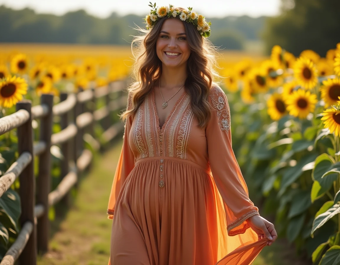 Femme grande taille en robe maxi bohème à broderies florales dans un champ de tournesols, style hippie chic estival