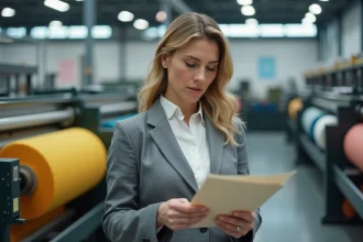 Femme en laboratoire textile écologique en pleine réflexion