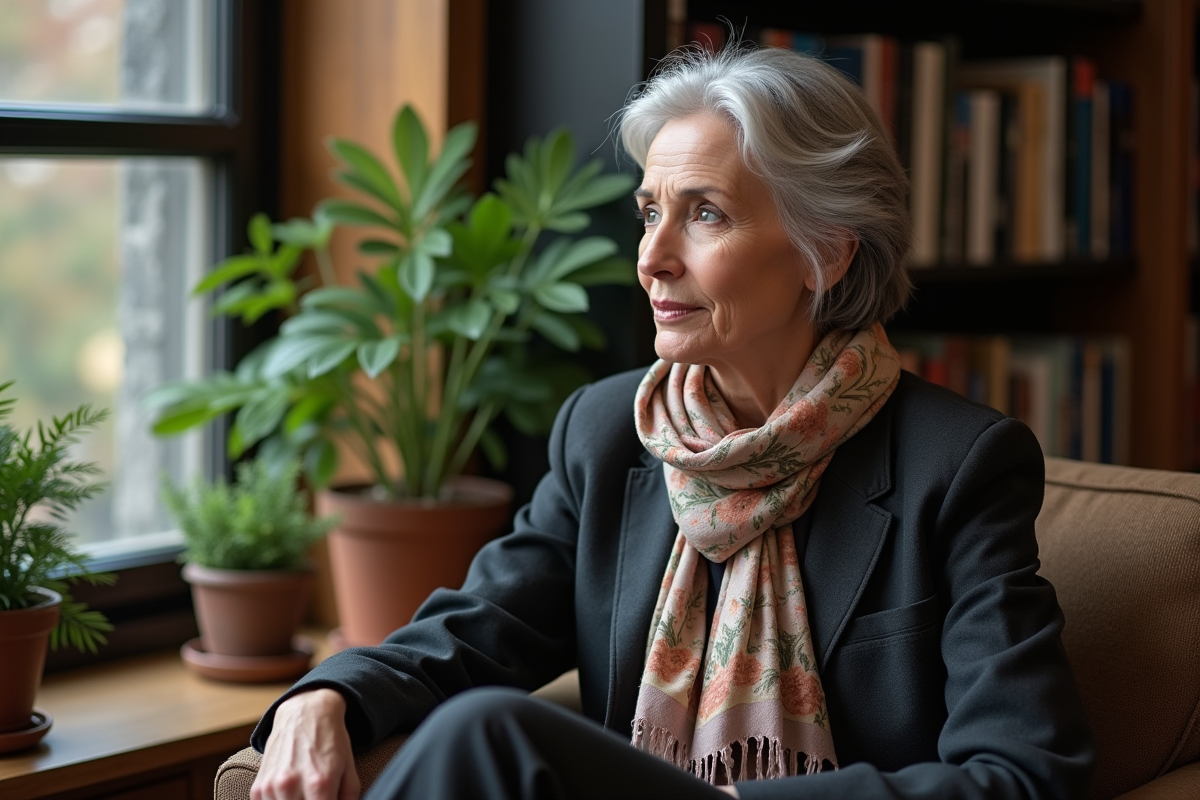 Femme assise près d une fenêtre dans un intérieur chaleureux