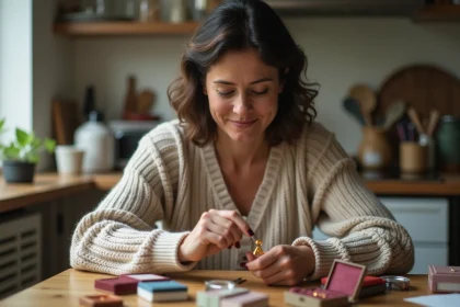 Femme examinant une bague en or avec loupe dans la cuisine