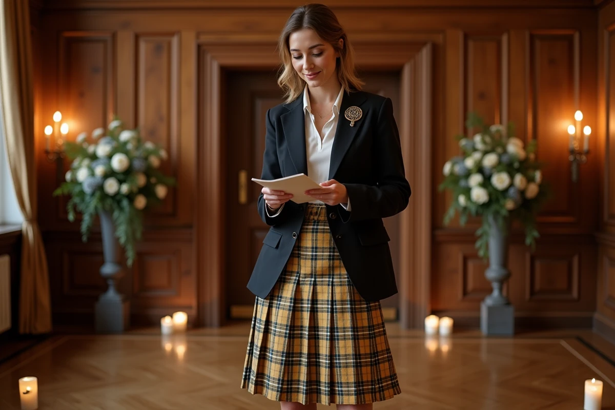 Femme élégante en kilt irlandais saffran avec broche celtique lors d'une réception formelle en salle