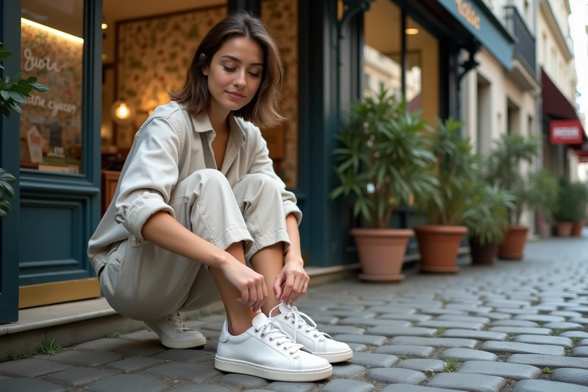 Jeune femme parisienne lace des sneakers éthiques dans la rue