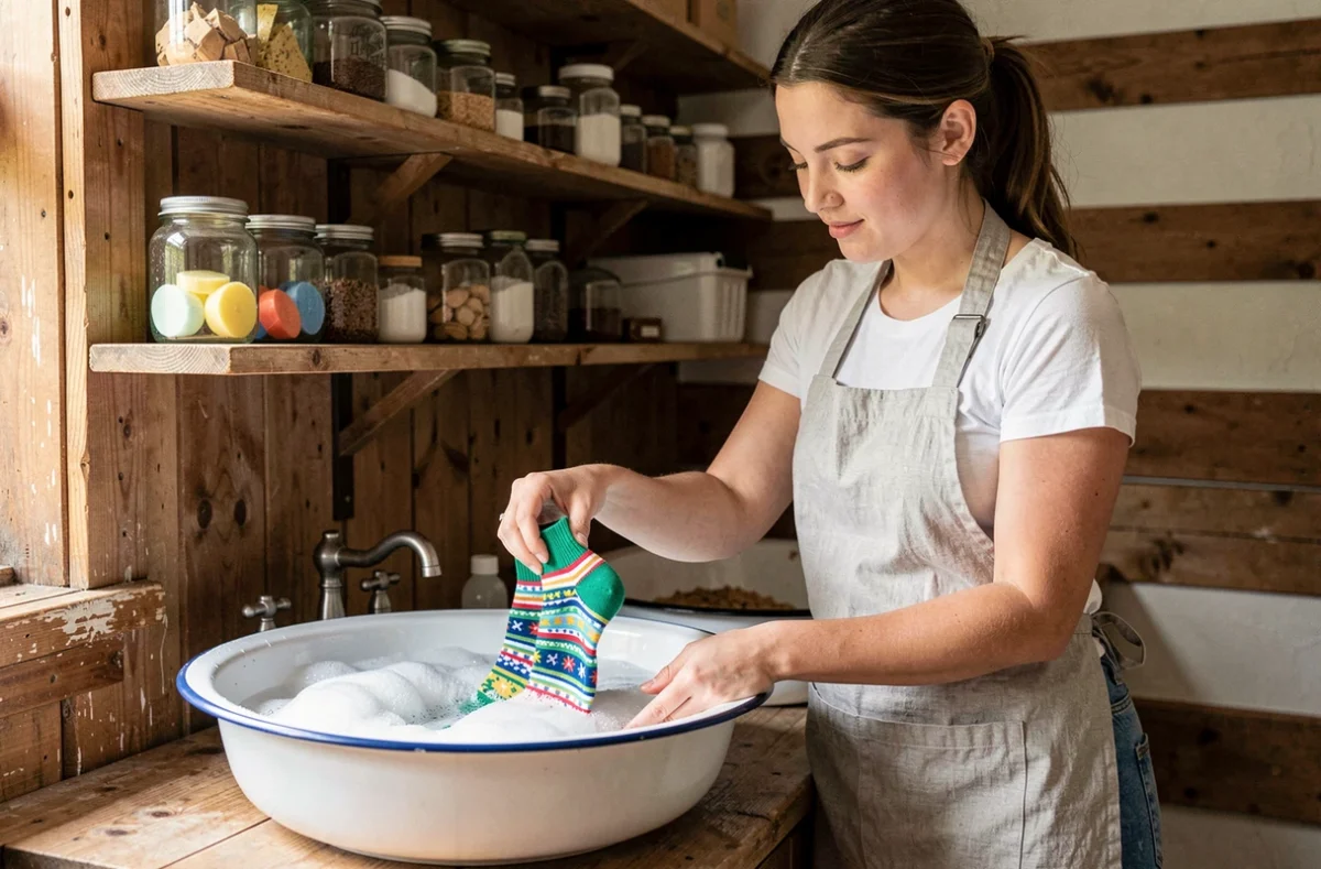 Femme lavant délicatement des chaussettes colorées à la main dans une bassine pour préserver les motifs et les couleurs
