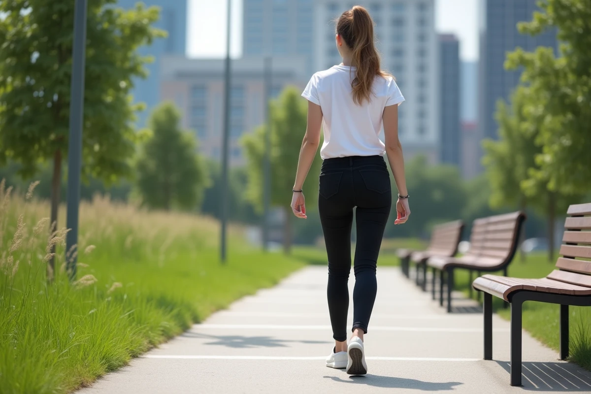 Femme en leggings noirs dans un parc urbain moderne