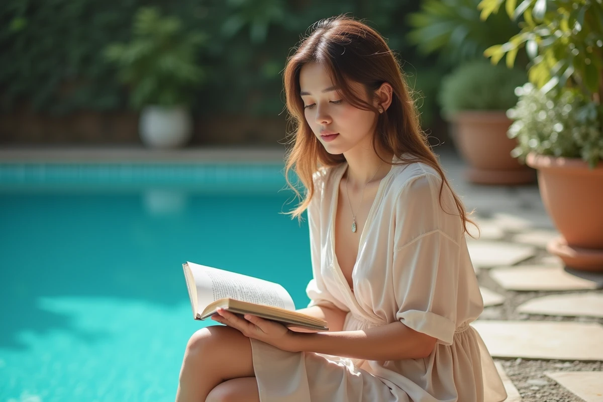 Jeune femme lisant au bord de la piscine en été