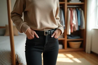 Femme en tenue décontractée dans une chambre lumineuse