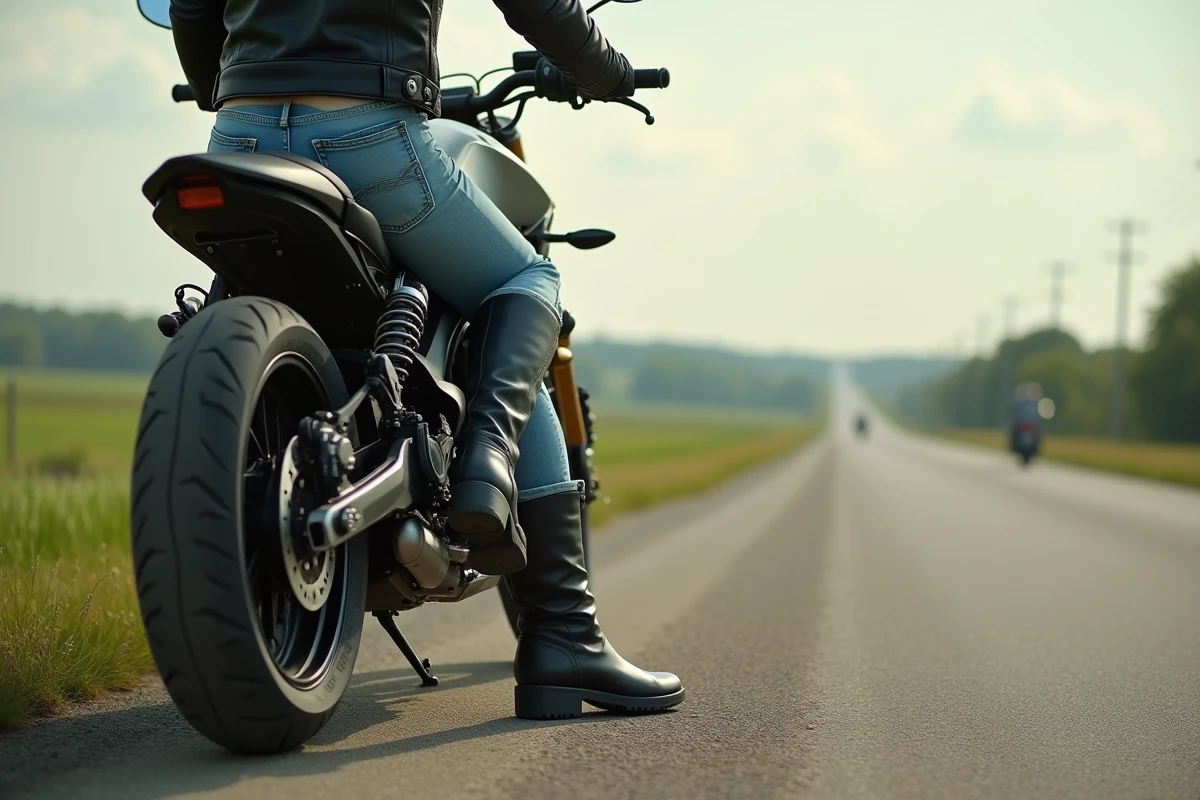 Jeune femme en bottes moto et jeans en pleine nature