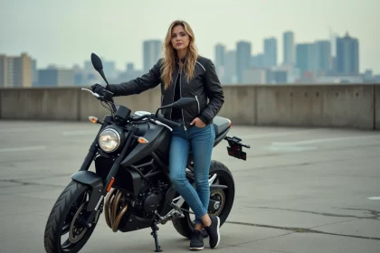 Femme confiante en moto jeans et veste urbaine