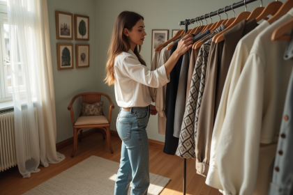 Femme arrangeant des vêtements dans une chambre lumineuse