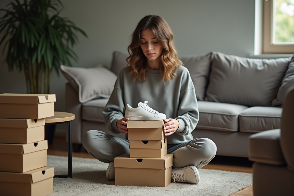 Femme ouvrant une boîte à sneakers dans son salon cosy