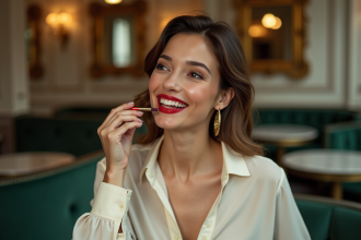 Femme élégante appliquant du rouge à lèvres dans un café parisien