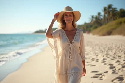 Femme souriante en robe d'été sur la plage en été