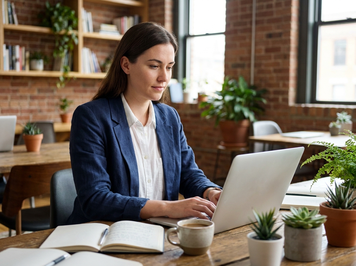 Jeune femme professionnelle travaillant seule dans un espace de coworking moderne