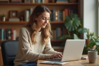 Femme cherchant des promotions cachées sur un site de mode en ligne depuis son bureau à domicile