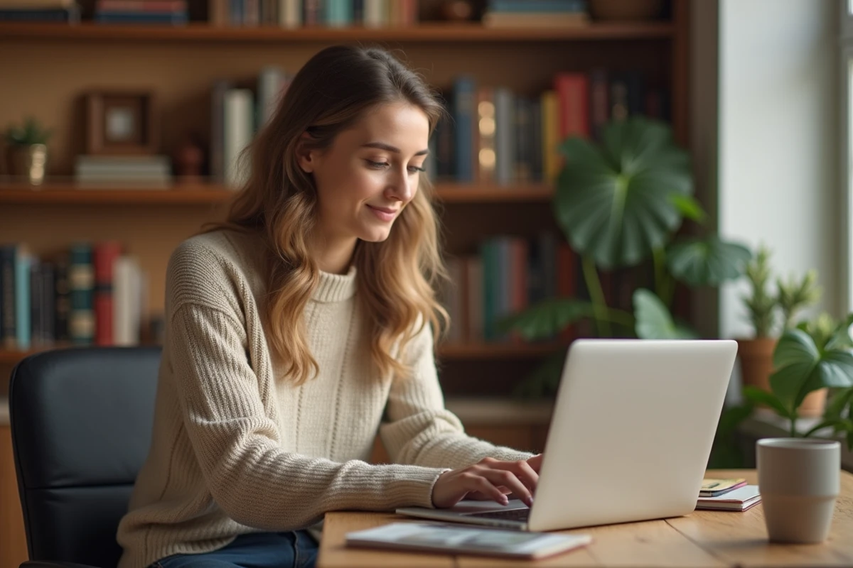 Femme cherchant des promotions cachées sur un site de mode en ligne depuis son bureau à domicile