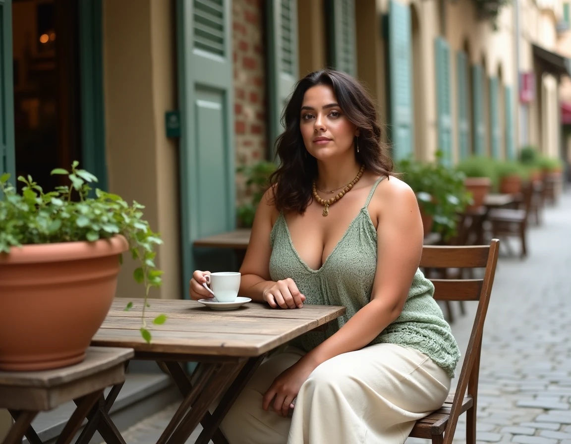 Femme ronde en tenue bohème chic crochet et lin assise à une terrasse de café européenne pavée
