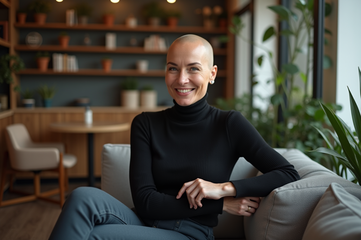 Femme souriante en turtleneck dans un café chaleureux