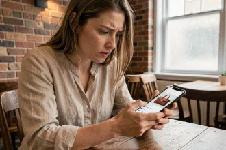 Femme consultant son smartphone dans un café, l'air méfiante face à une publicité de sac de luxe sur les réseaux sociaux