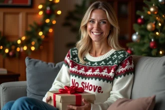 Femme souriante en pull de Noël personnalisé