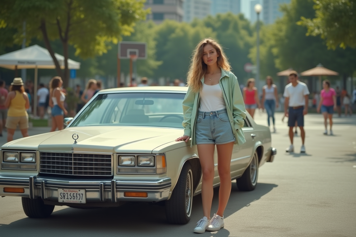 Jeune femme en denim et windbreaker dans un parc urbain