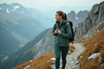 Femme portant une veste softshell technique sur un sentier alpin rocheux, équipement de montagne adapté à la randonnée