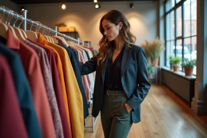 Femme styl&eacute;e triant des v&ecirc;tements preloved dans une boutique moderne