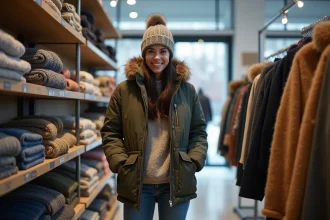Jeune femme examine des vêtements d'hiver dans un magasin à Pas de la Case