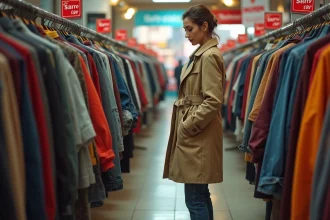 Femme en trench beige examine un vêtement dans un magasin