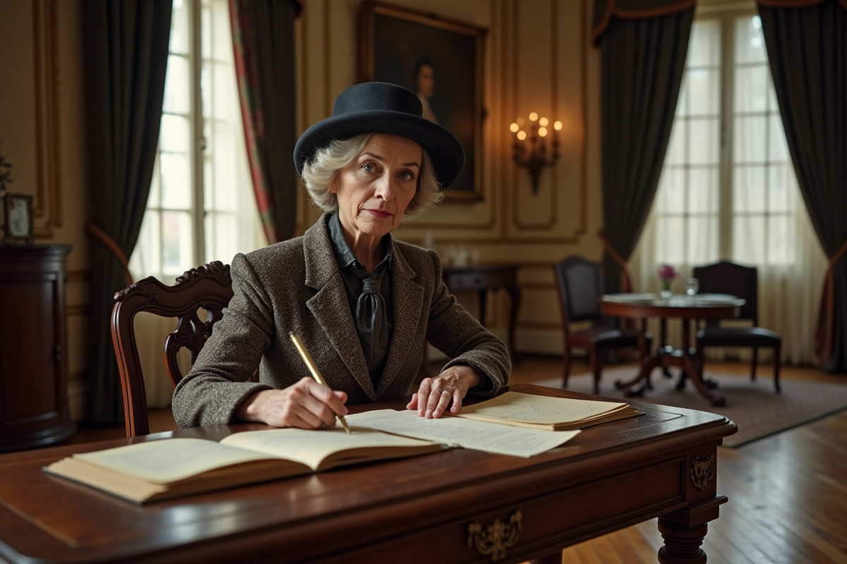 Femme en tweed assise à un bureau dans une salle du Château de Chaumont