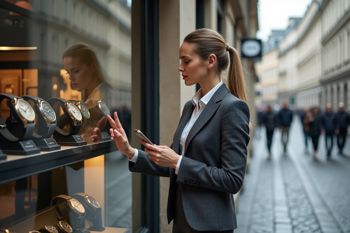 Femme devant une vitrine de montres Rolex à Genève consultant son téléphone, évoquant l'attente et le budget pour une montre suisse de luxe