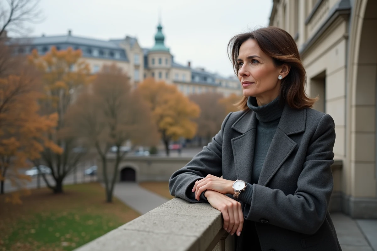 Femme regardant sa montre sur un balcon avec parc urbain