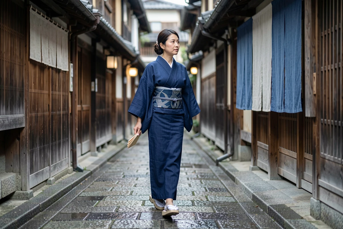 Femme japonaise en yukata indigo marchant sur les pavés d'un quartier historique avec des sandales geta traditionnelles