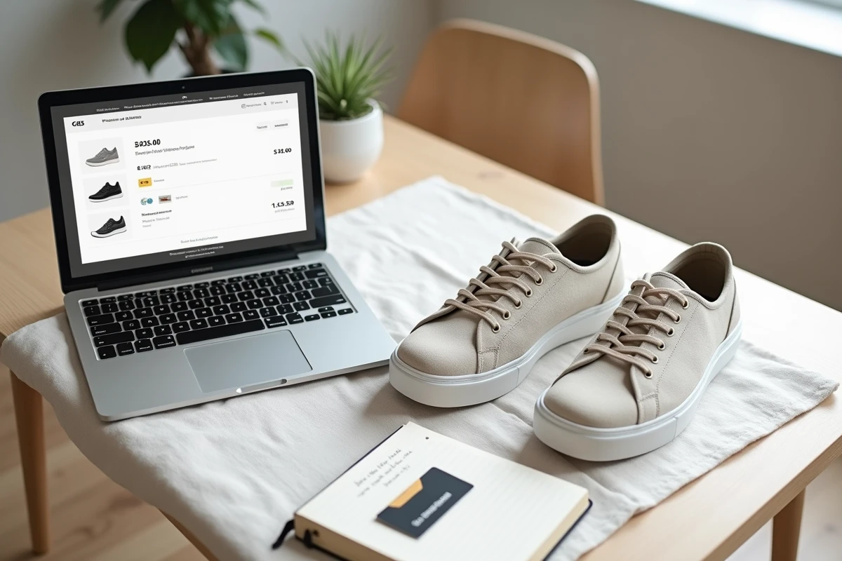 Flat lay de chaussures Sursell avec laptop et carte bancaire pour illustrer un achat en ligne sécurisé