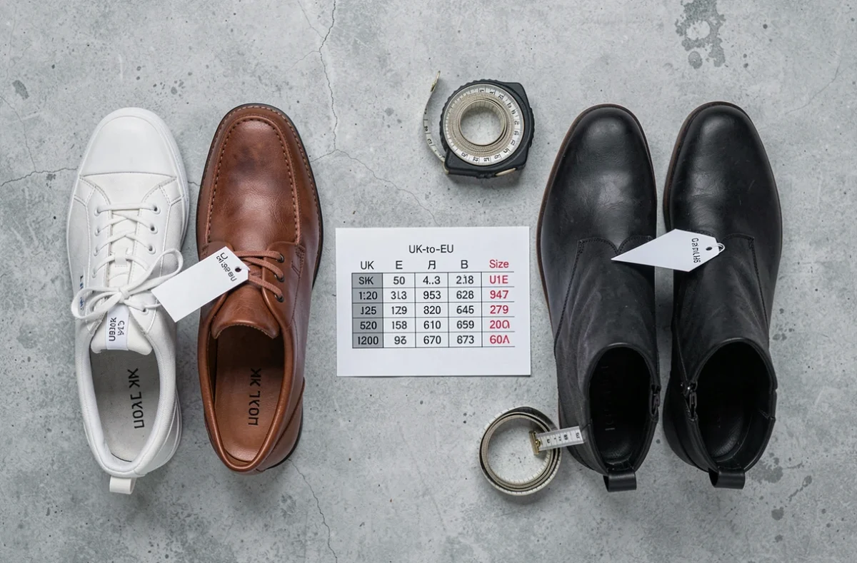Flat lay de trois paires de chaussures avec étiquettes de pointures UK et tableau de conversion des tailles