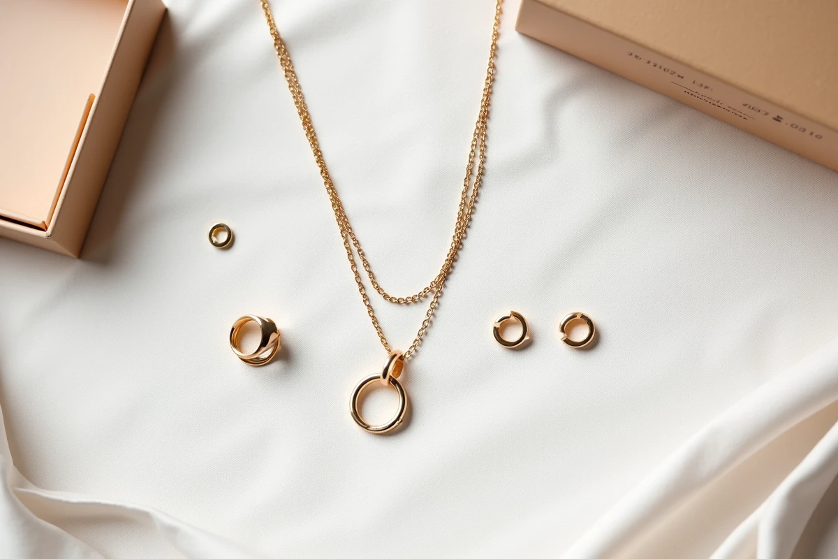 Flatlay de bijoux tendance SRD avec collier en or, bague géométrique et boucles d'oreilles minimalistes