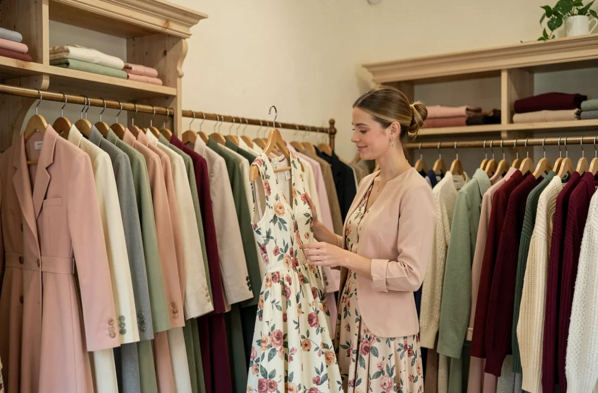 Sélection de vêtements vintage soigneusement organisés dans la boutique Fripe à la Mode de Caen