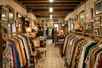 Intérieur animé d'une friperie normande avec des portants chargés de vêtements vintage et des meubles rétro