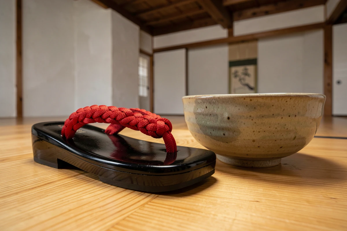 Gros plan d'une sandale geta laquée noire posée près d'un bol de thé matcha dans une salle de cérémonie du thé japonaise