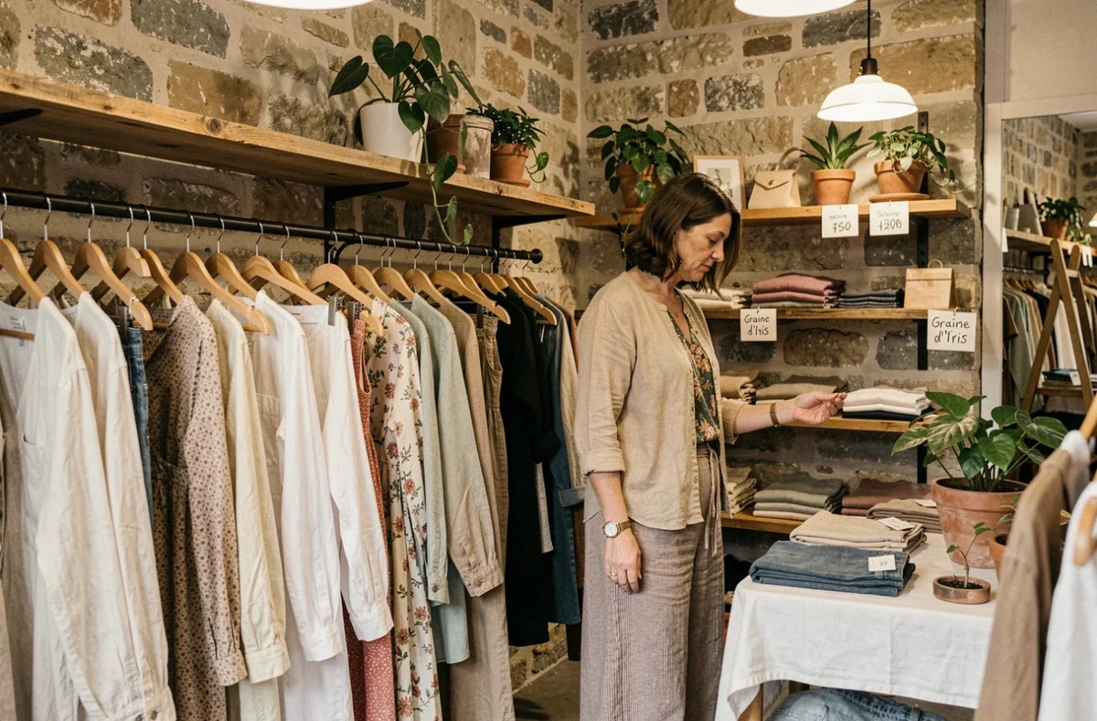 Boutique indépendante Graine d'Iris à Dijon avec vêtements en matières naturelles sur portants