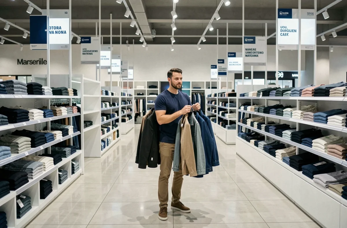 Homme choisissant des vêtements dans une grande enseigne de prêt-à-porter dans un centre commercial marseillais