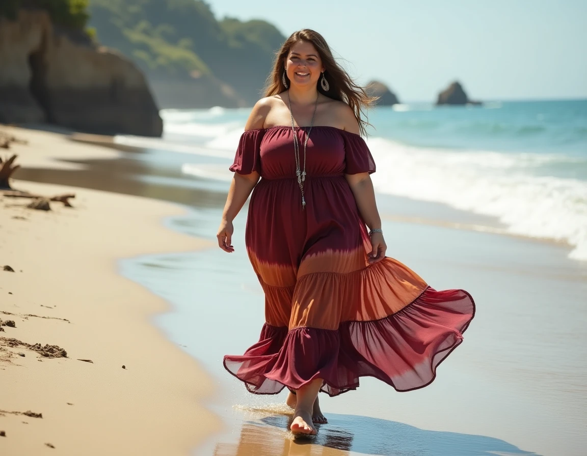 Grande femme épanouie en robe bohème à volants tie-dye marchant pieds nus sur la plage au bord des vagues