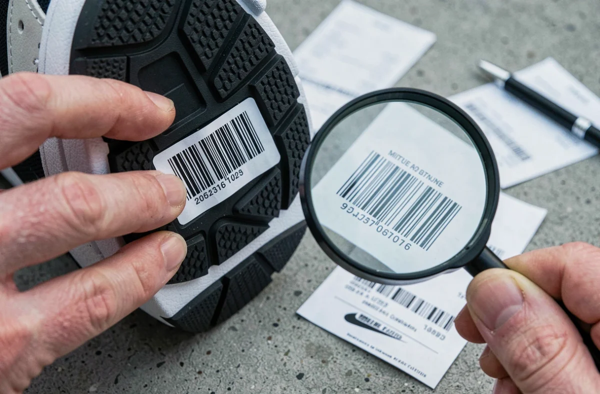 Gros plan sur un code UPC Nike collé sur une boîte de sneakers avec une loupe pour vérification d'authenticité
