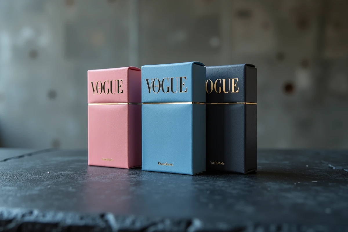 Gros plan sur trois paquets de cigarettes Vogue rose, bleu et anthracite sur ardoise noire révélant les détails des codes couleur